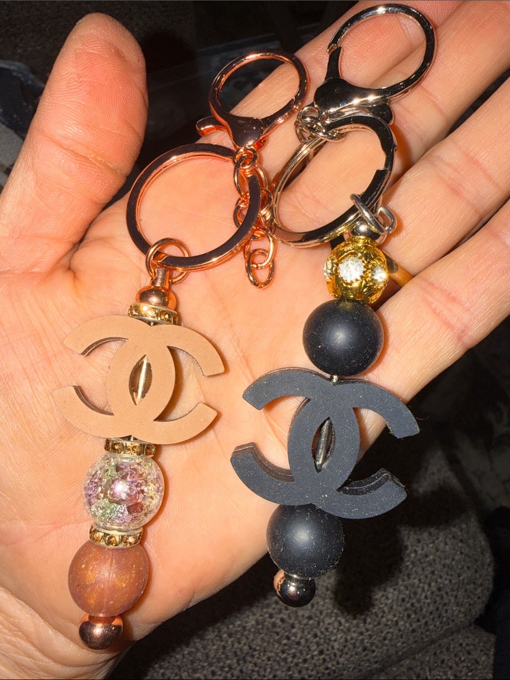 2 Fashion Designer-Inspired Black and Nude Double CC Keychain Charms